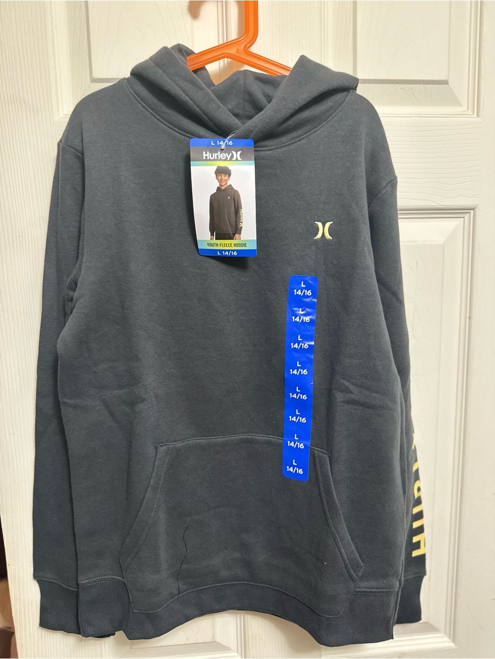 Hurley Dark Charcoal Hoodie with Yellow Logo Accent , relaxed, activewear